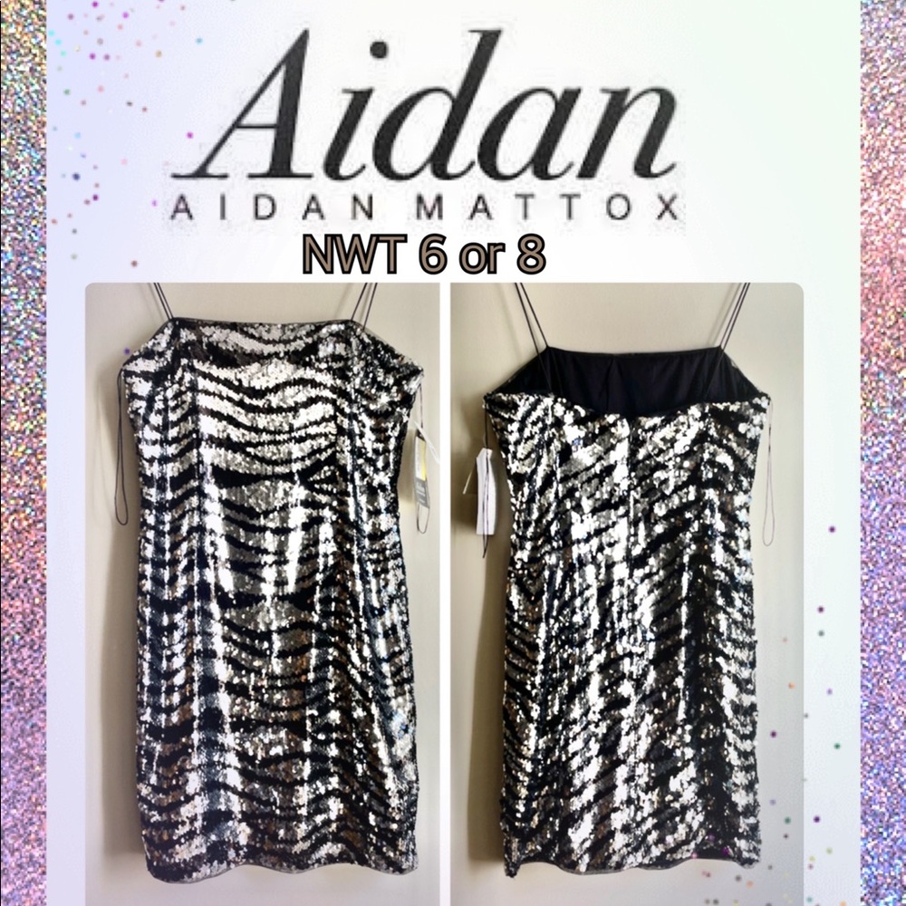 NWT zebra AIDAN MATTOX Z stripe sequin embellished black silver cocktail dress 6